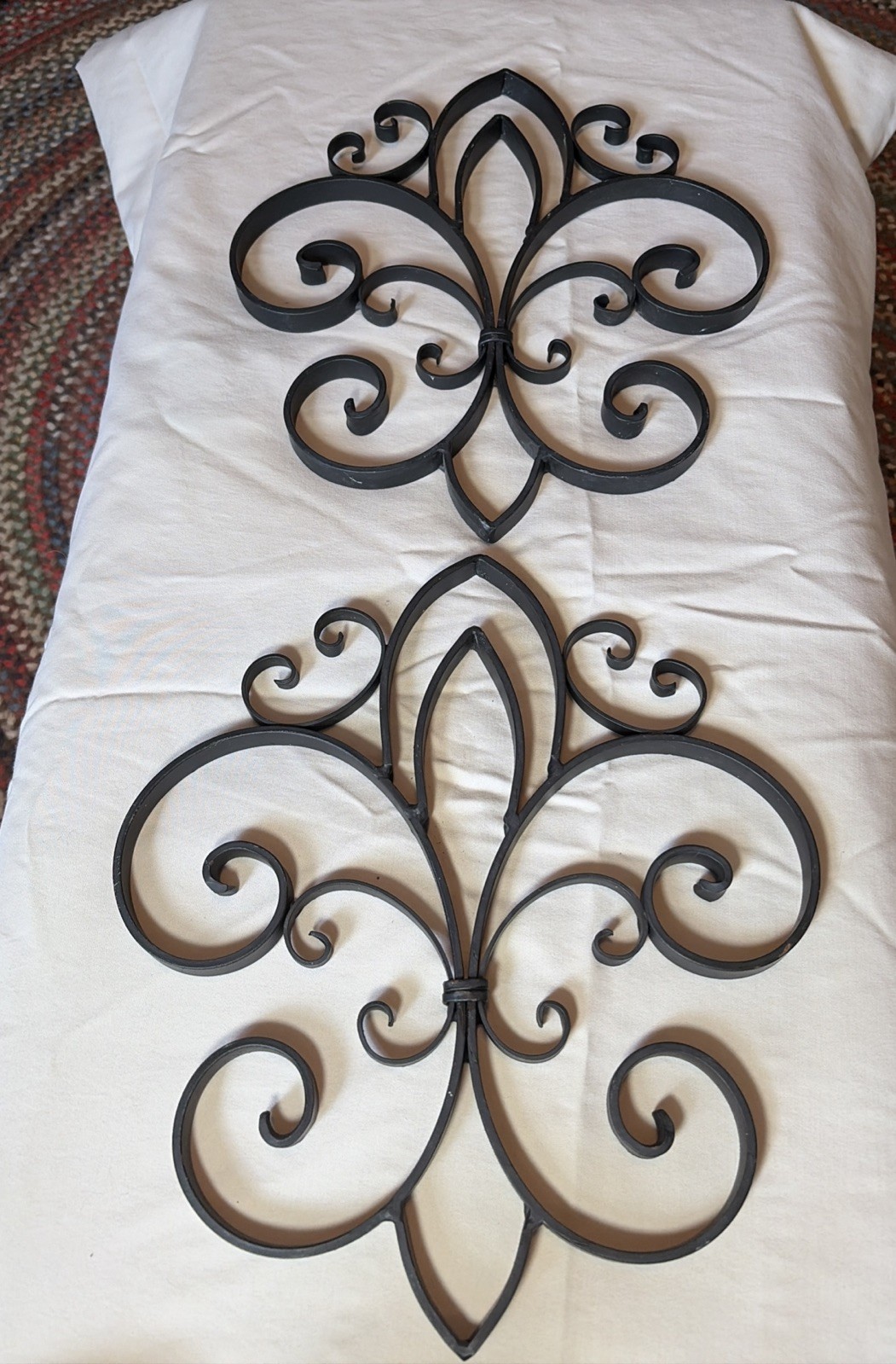 Fleur De Lis Black Wrought Iron Metal Scroll Wall Decor Vintage 11”x12” Pair
