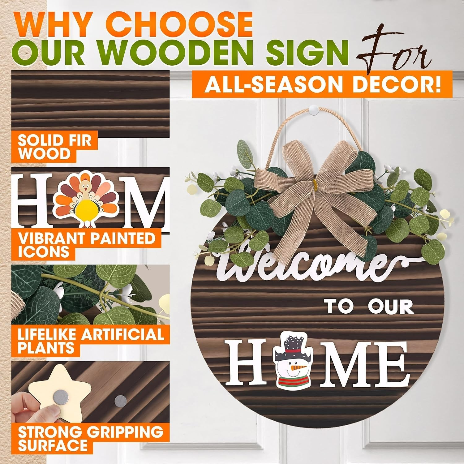 Durable Welcome Sign – Rustic Fir Wood & 14 Magnetic Icons for Indoor/Outdoor