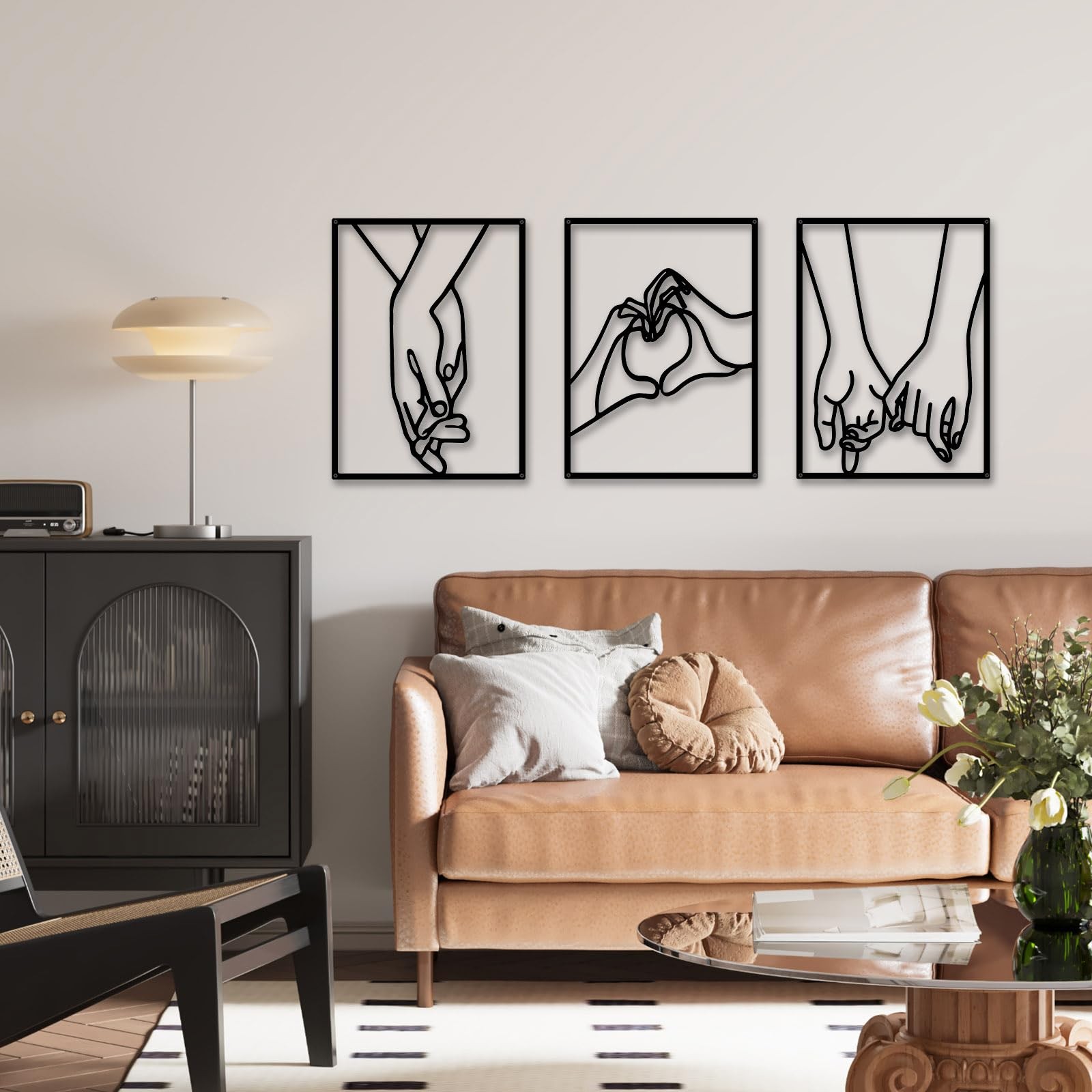 3 PCS Minimalist Heart Hands Black Metal Wall Decor Single Line Art Abstract