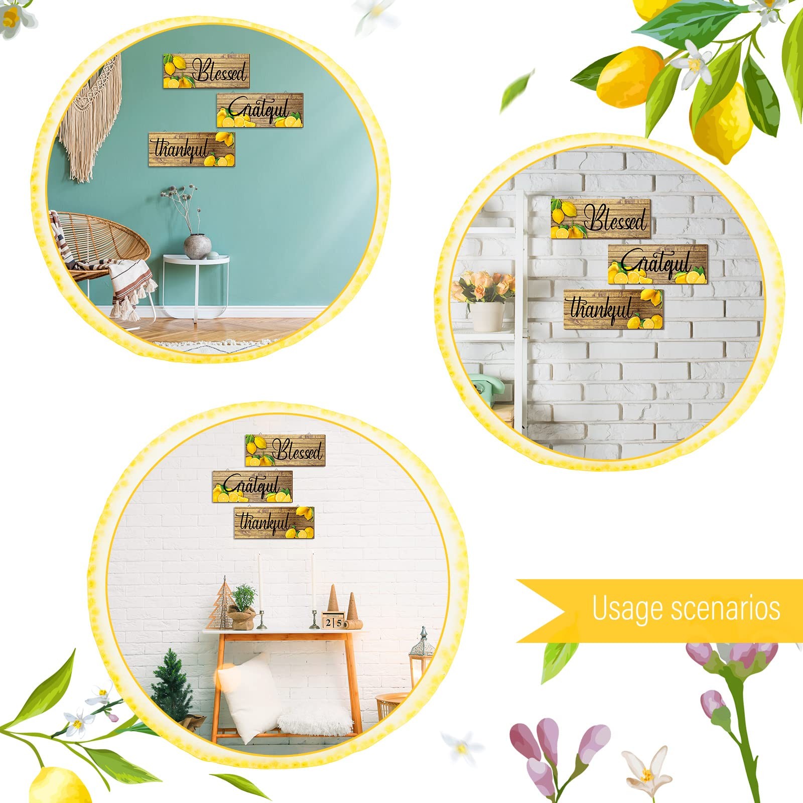 3 Pieces Lemon Wall Decor Grateful Thankful Blessed Art Signs Lemon Decoratio…