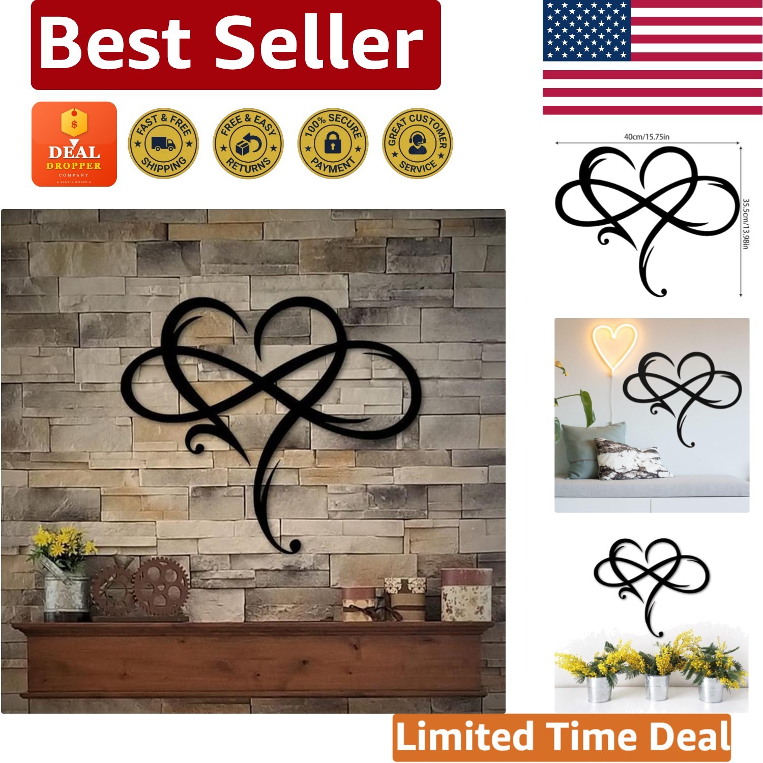 Unique Infinity Heart Wall Plaque – Durable Black Metal Art for Home & Weddings