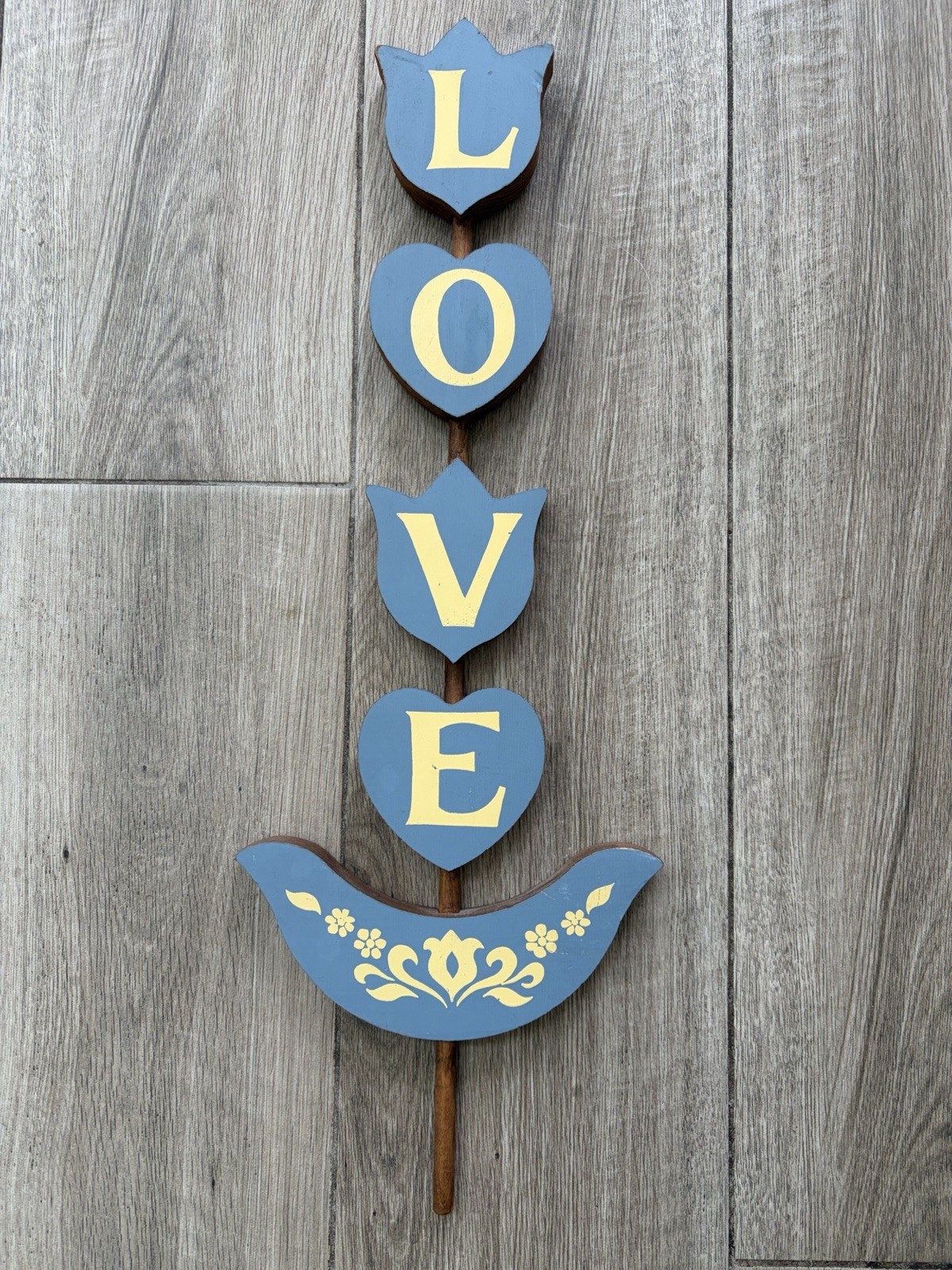 Vtg Wood Decor LOVE Tulip And Heart Shapes Wall Hanging 1990s Cottage