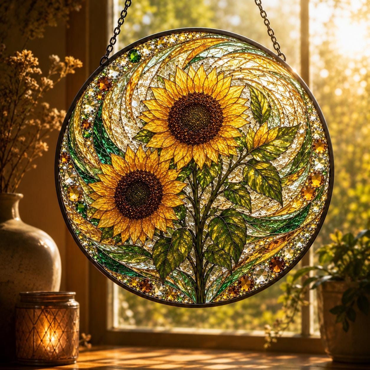 Personalized Sunflower Glass Suncatcher, Bright Floral Window Panel
