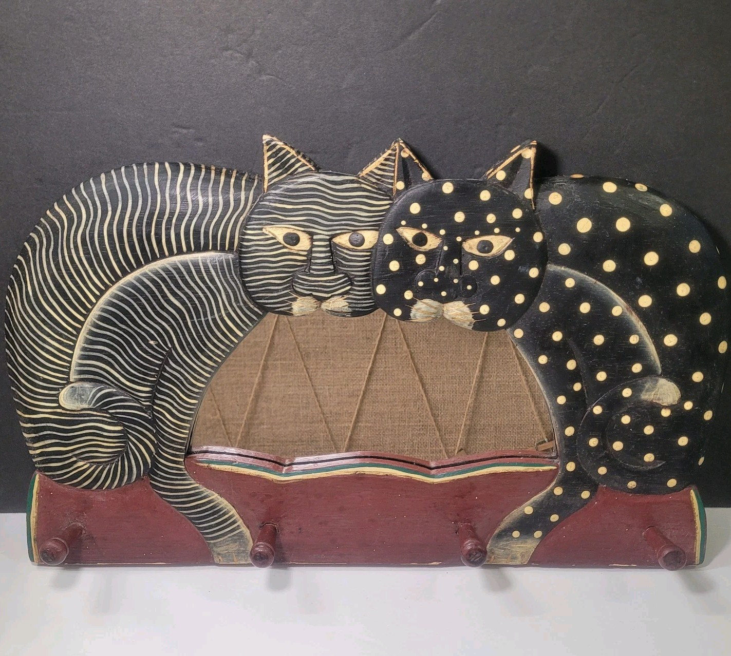 Vintage Folk Art Cats Black Gold White Dot Stripe Mirror and Wall Rack 17″ x 10″