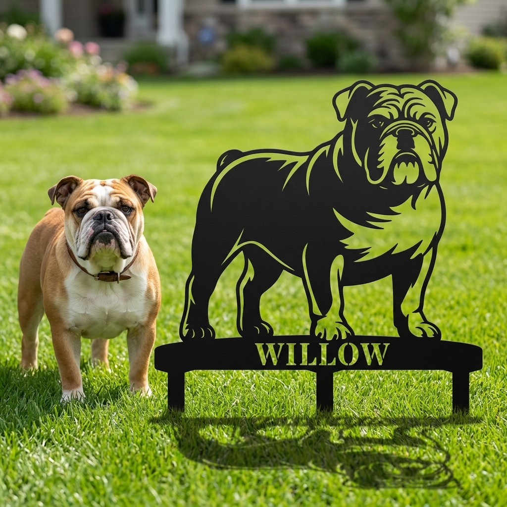 Personalized English Bulldog Garden Metal Sign With Stakes. Dog Lover Name Gift