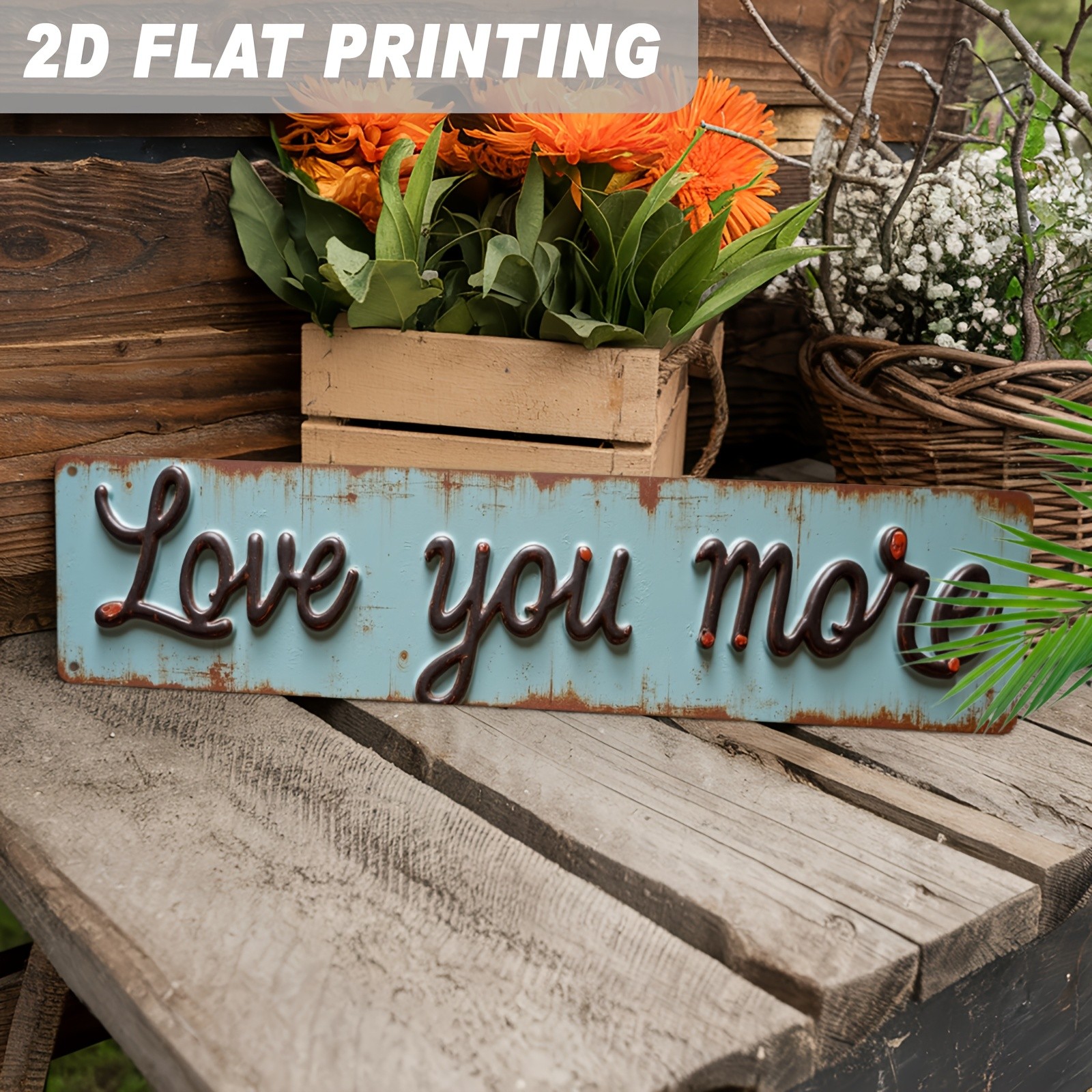 Love You More Cursive Metal Sign Distressed Blue Rustic Wedding Wall Decoration