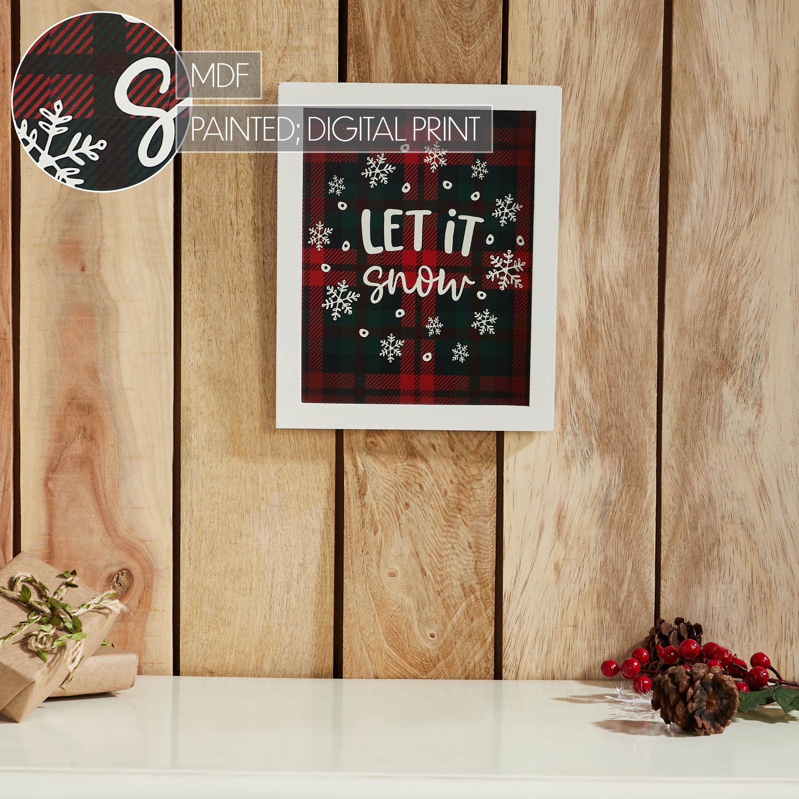 Let It Snow Plaid Wall Hanging Sign 11×9 VHC Brands