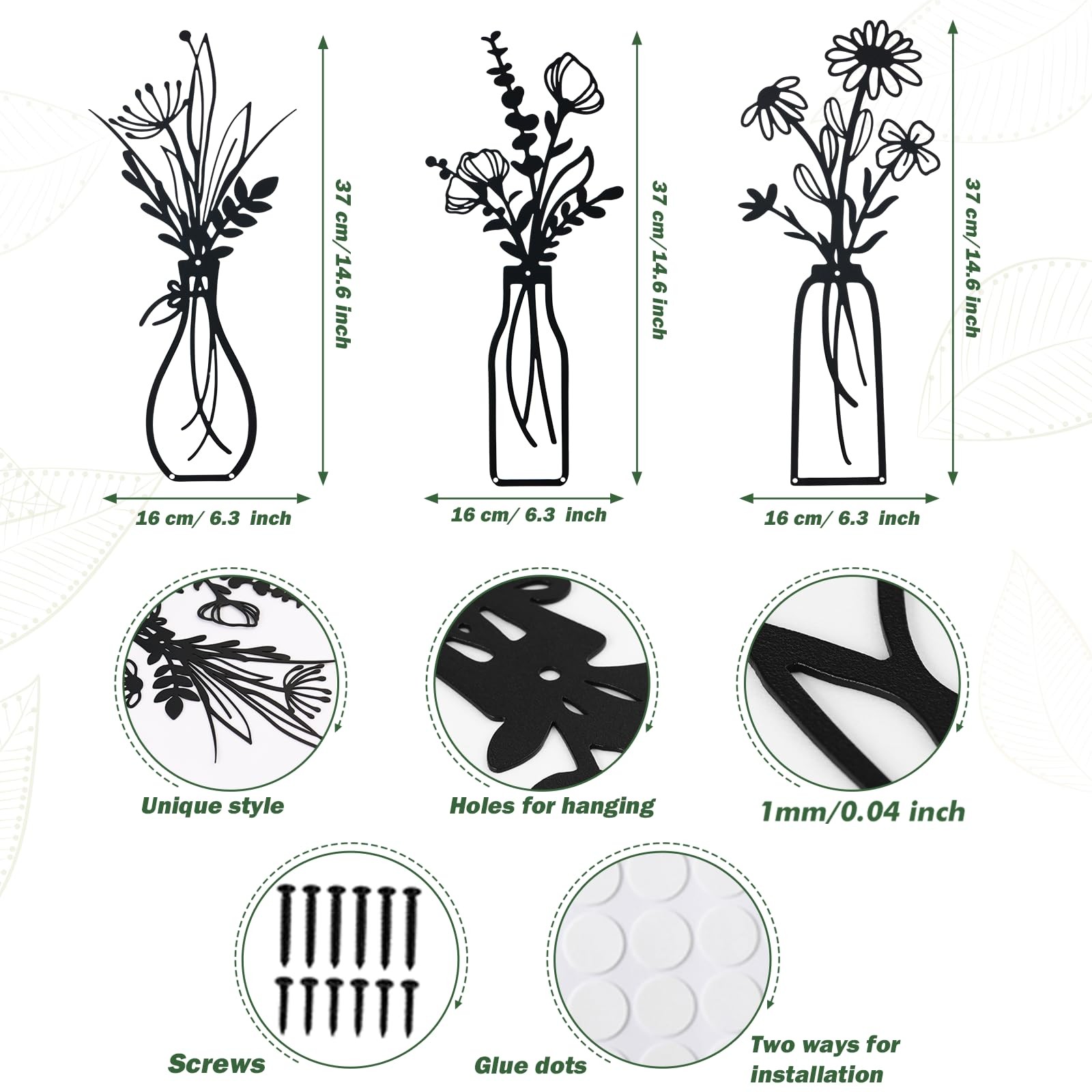Metal Flowers Wall Decor 3 Pcs 14.6 Inches Iron Flower Vases Wall Decor for L…