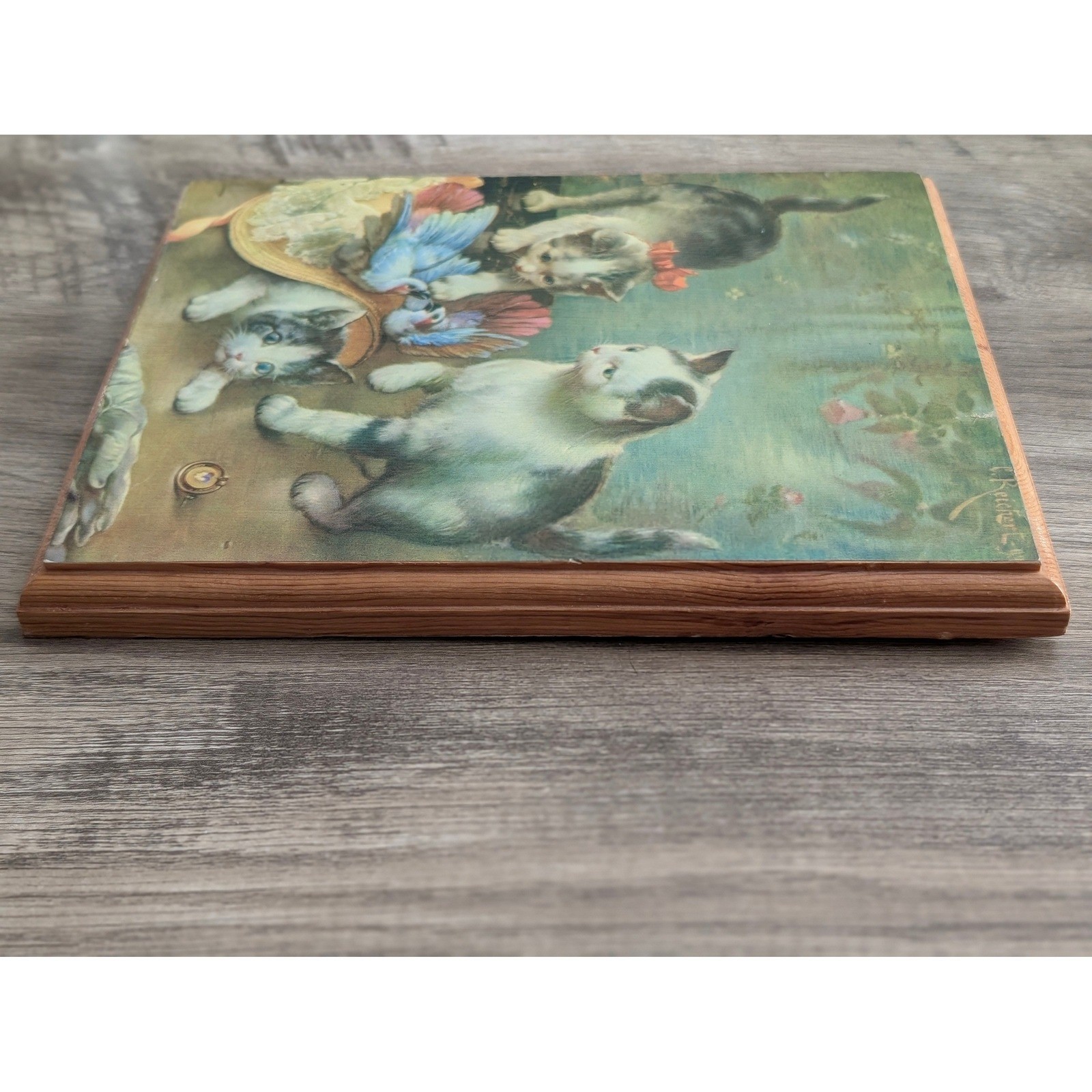 Vintage C Reichert Kittens and Birds Wood Plaque Wall Art 1976 Decoupage