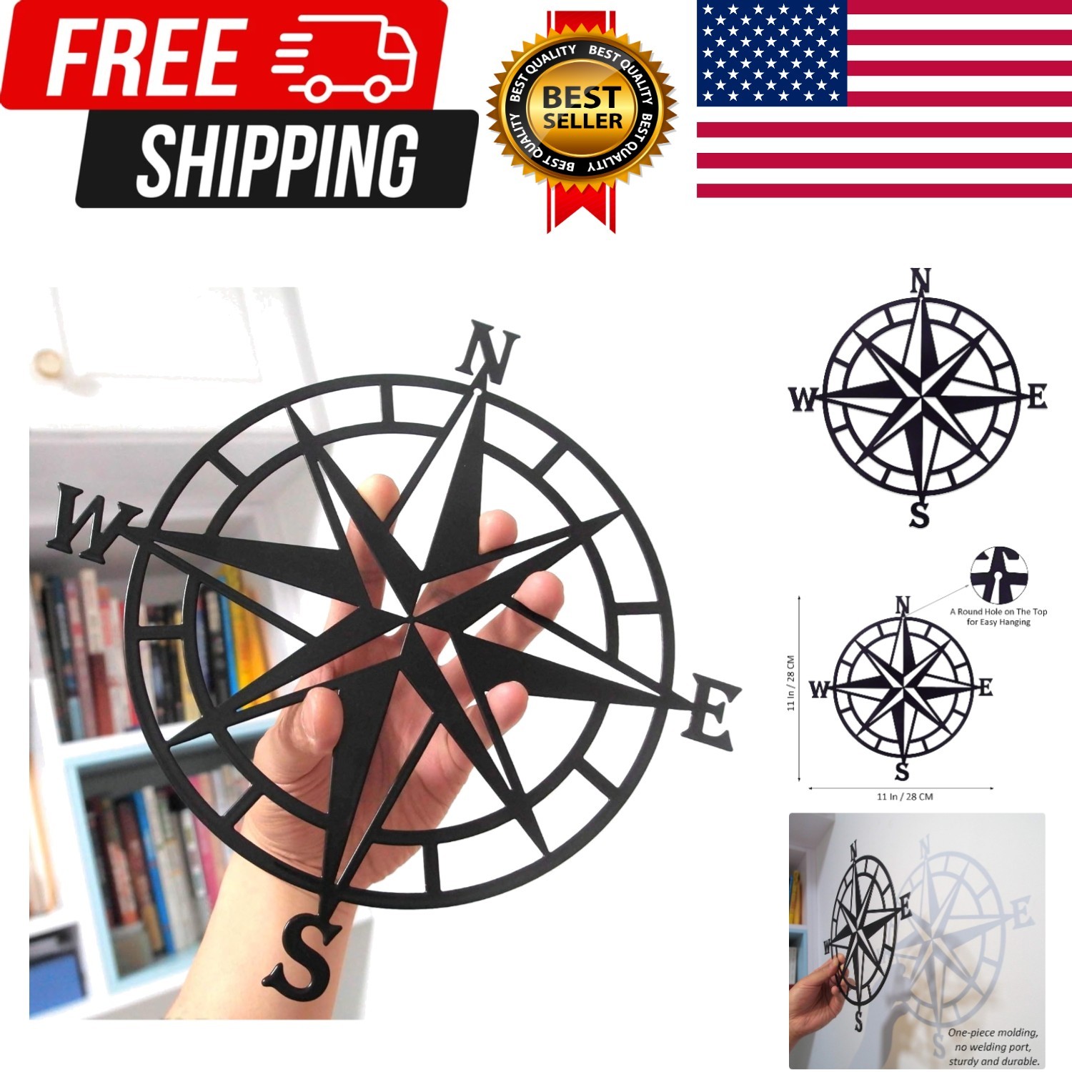11 Inches Metal Decorative Nautical Compass Wall Decor, Living Room Bedroom O…