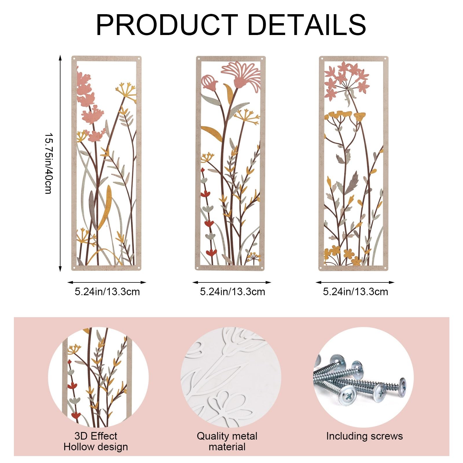 3 Piece Metal Flower Wall Art, 15.7×5.2 Inch Pink Wrought Iron Floral Sculptu…