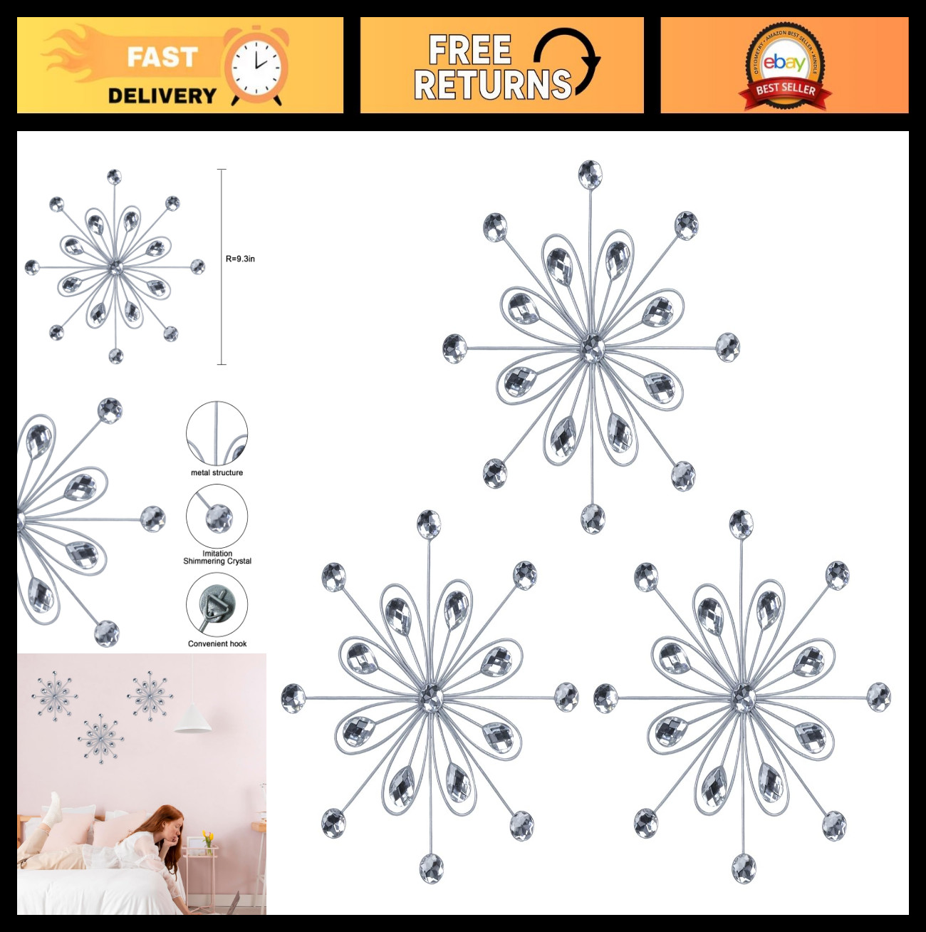 3pcs Silver Metal Flower Wall Art – Jeweled Crystal Decor for Indoor/Outdoor, Li