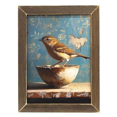 Primitive Farmhouse RUSTIC WREN BIRD PICTURE Wood Framed Wall Hanging 13″x17″