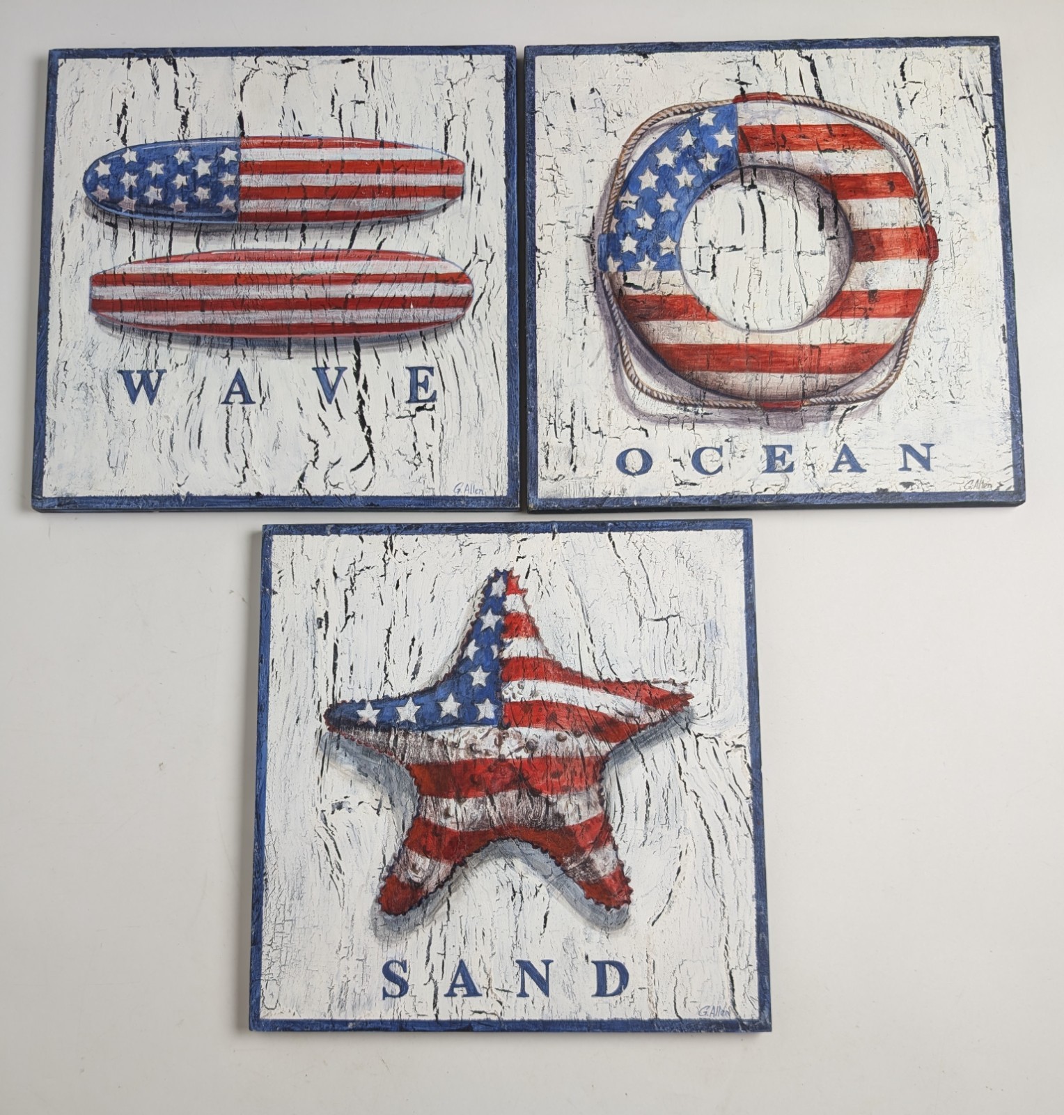 3pc G Allen Patriotic Coastal Wood Wall Art Wave Ocean Sand Americana 12×12