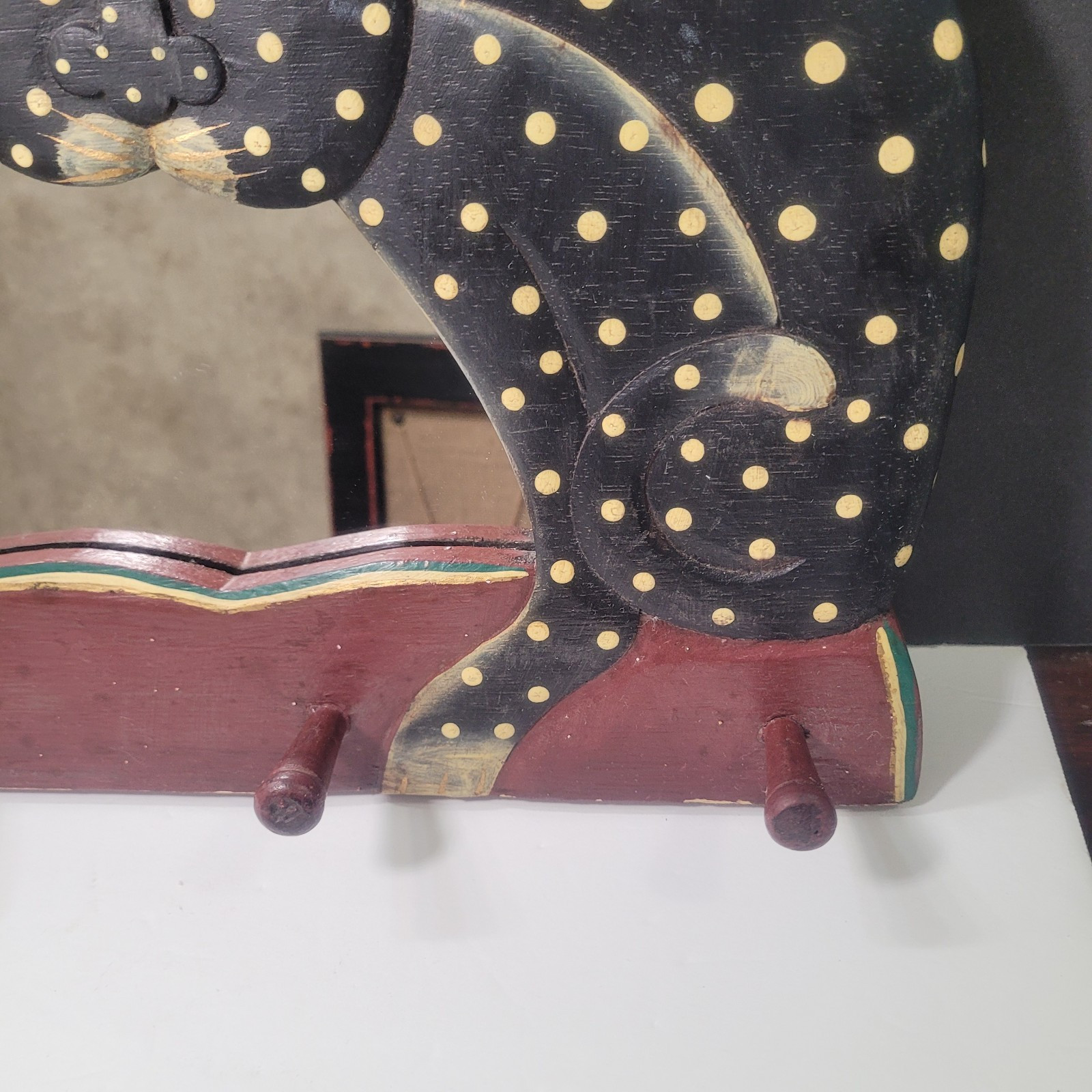 Vintage Folk Art Cats Black Gold White Dot Stripe Mirror and Wall Rack 17″ x 10″