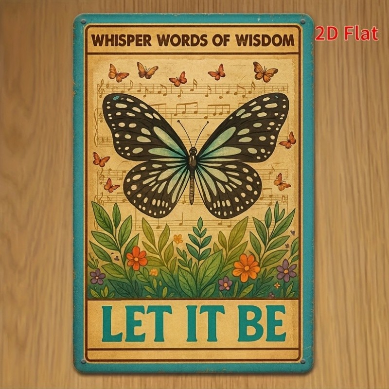 Vintage Butterfly Design Metal Sign Let It Be Lyrics Quote Home Accent Decor