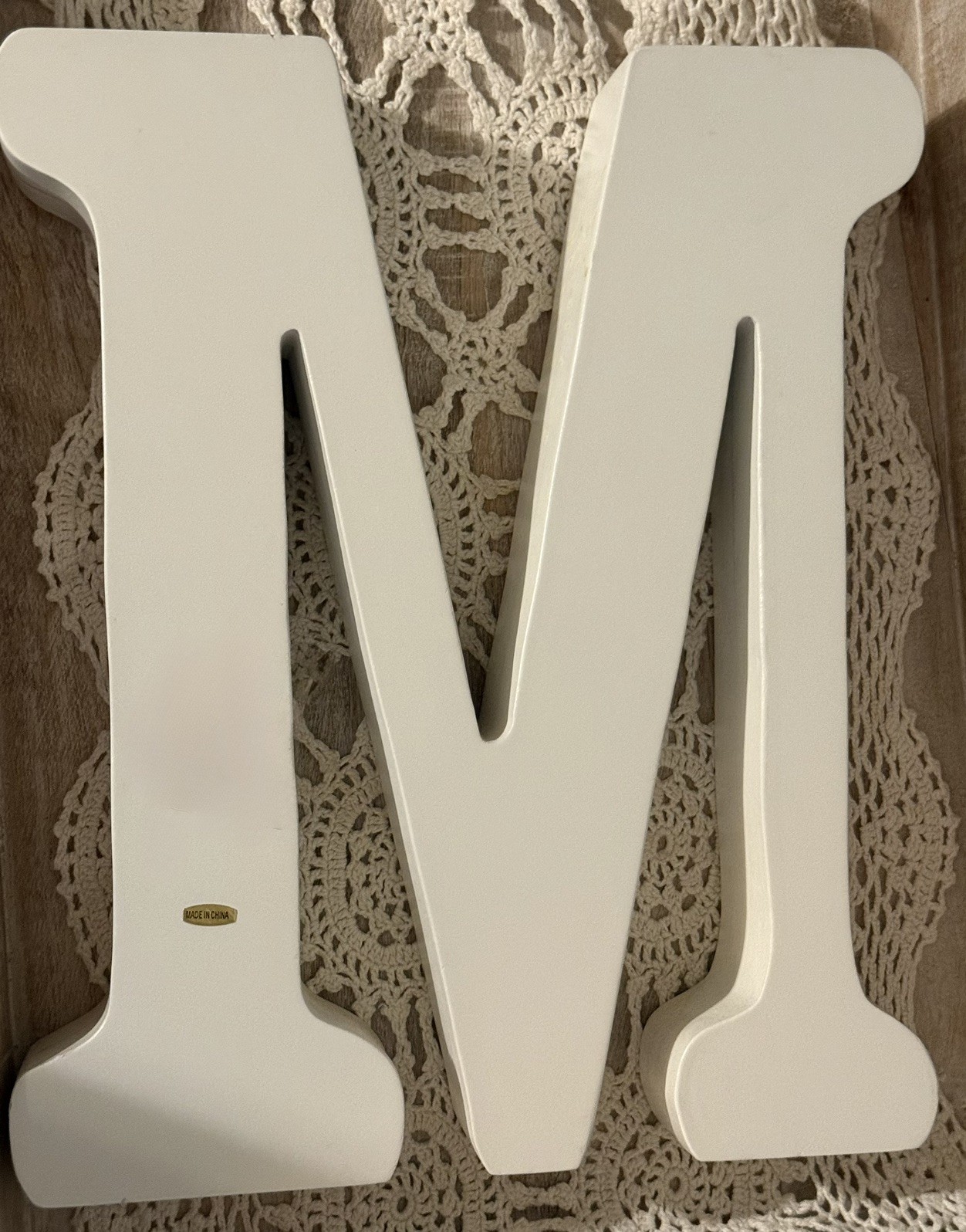 Large Monogram Letter Initial M Pressed Wood White with Pink Painted Flowers 13”