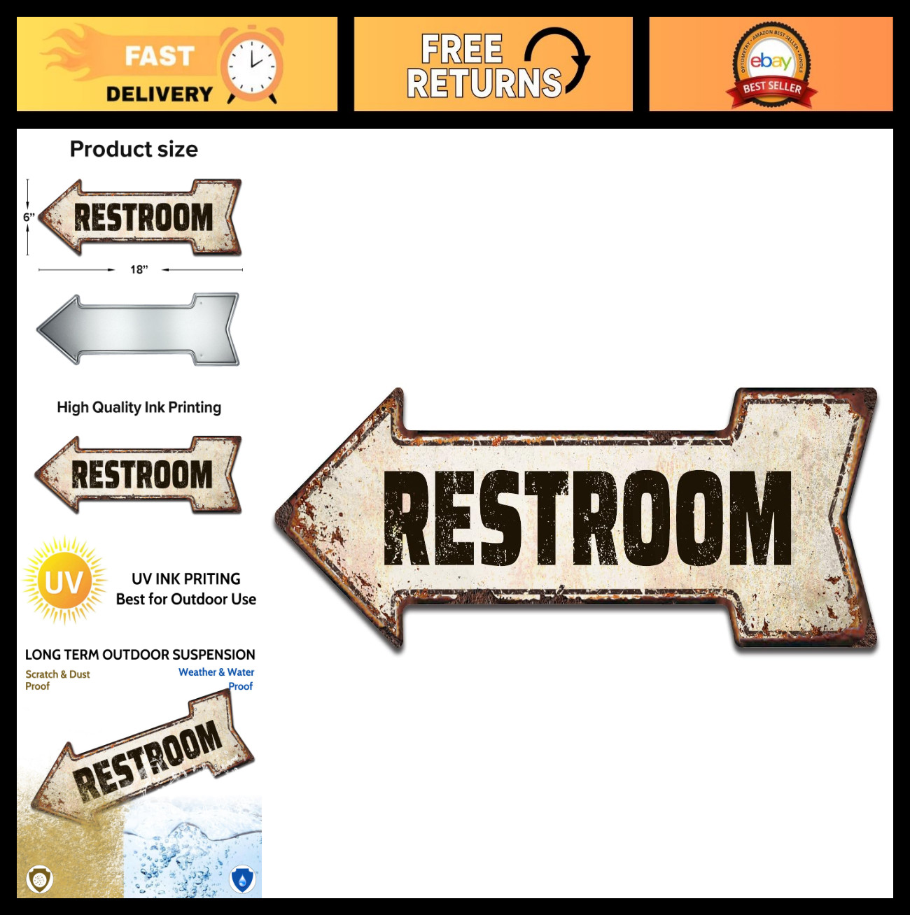 Rustic Left Arrow Restroom Sign – Vintage Metal Toilet Decor, 6×18 Inch Home Acc