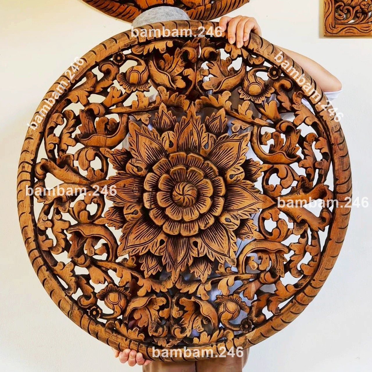 Large Vintage Round Wall Hanging Hand Carved Teak Wood Wall Art Floral Flower Pa