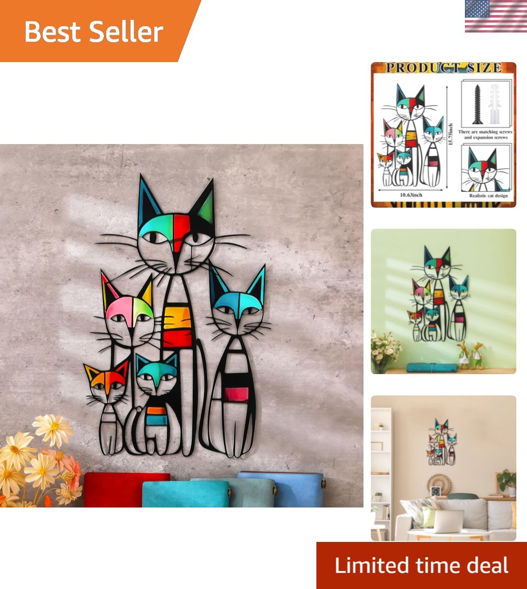 Cat Wall Art Decor Metal Cat Wall Sculptures Room Decor for Cats Lover 10.6 x…