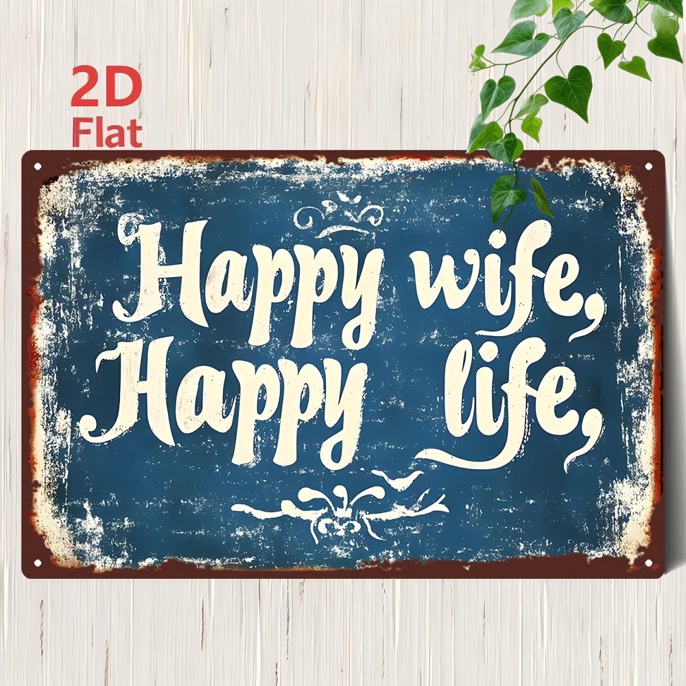 Vintage Metal Sign Happy Wife Life Aluminum Sign Farmhouse Blue White