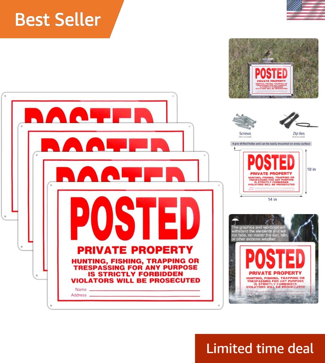 Weather-Resistant No Trespassing Sign – 14×10 Aluminum for Outdoor Use, Set of 4