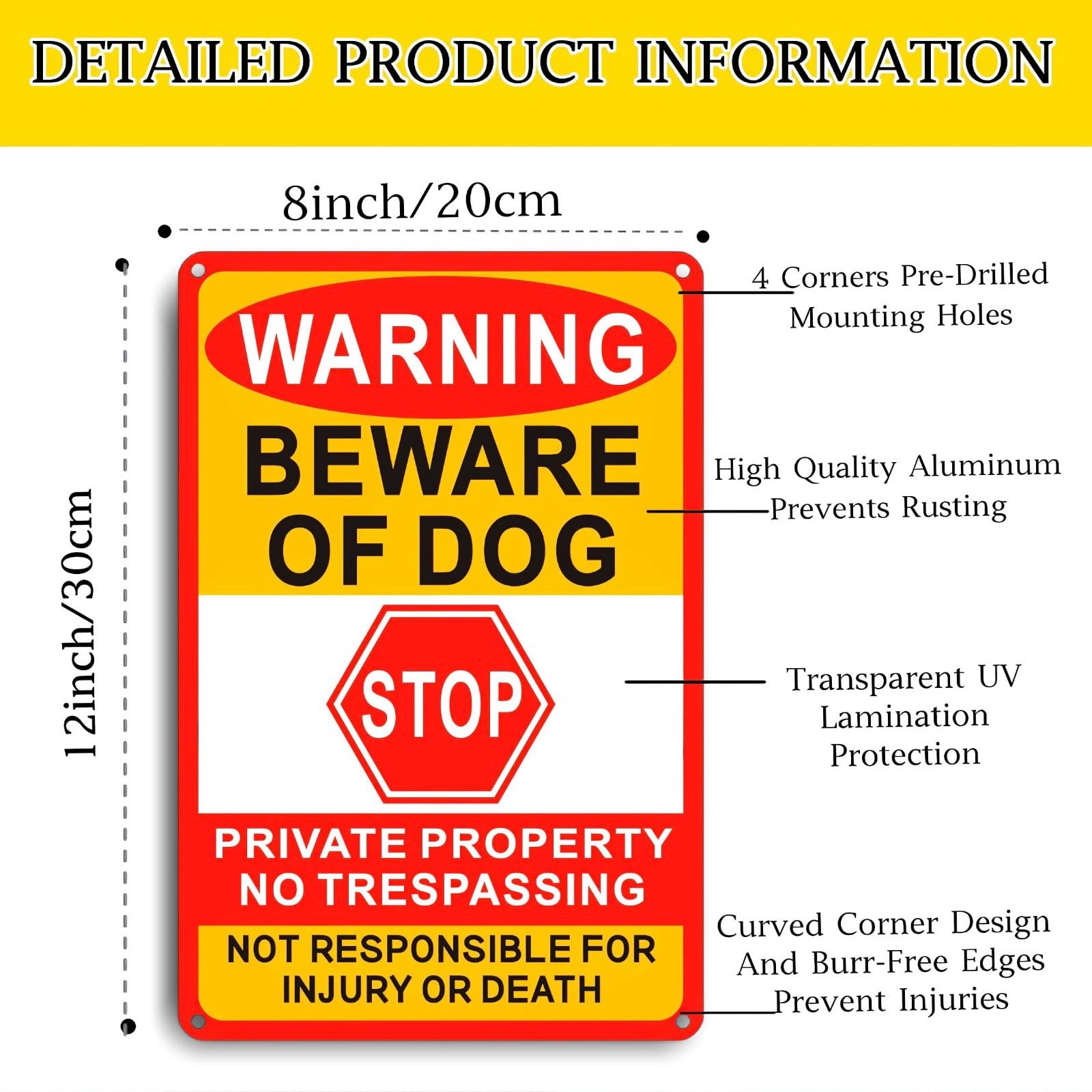 3 Pack Beware of Dog Sign, 8X12 Inches, Aluminum Metal, No Trespassing Sign