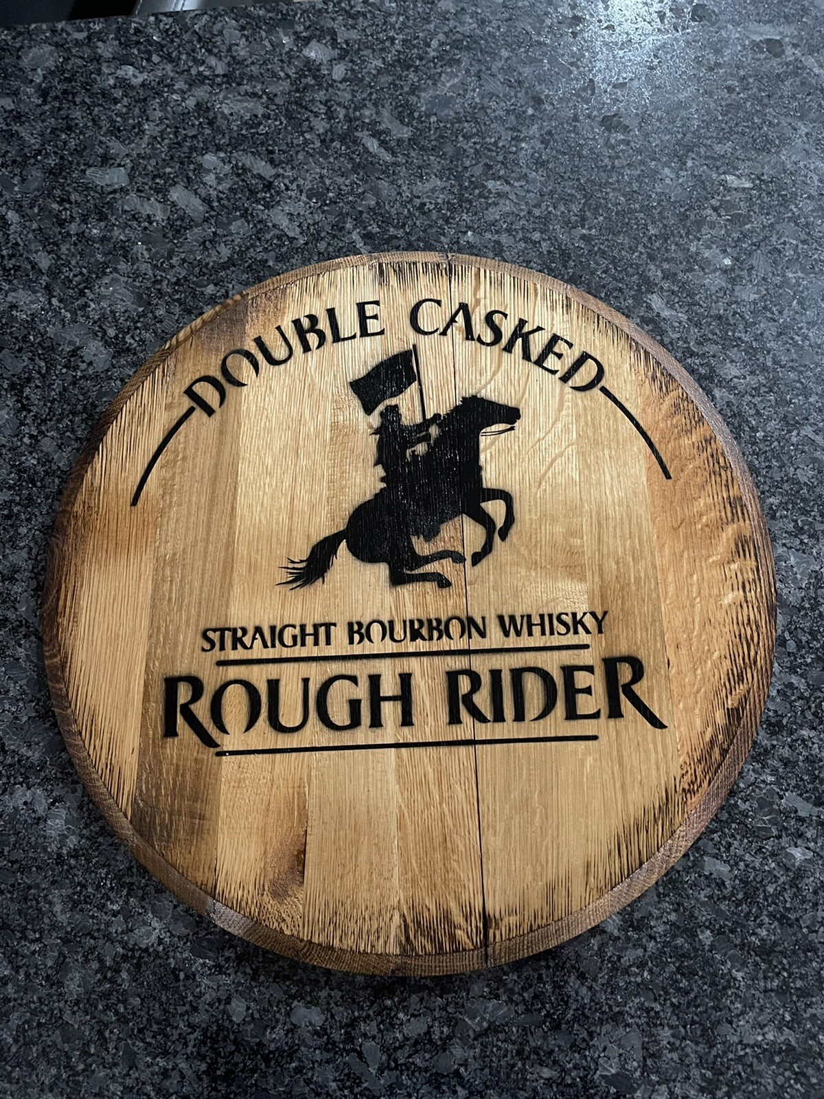 Bar Decor (Rough Rider Bourbon Whiskey ) Reclaimed Bourbon Barrel Head 21”