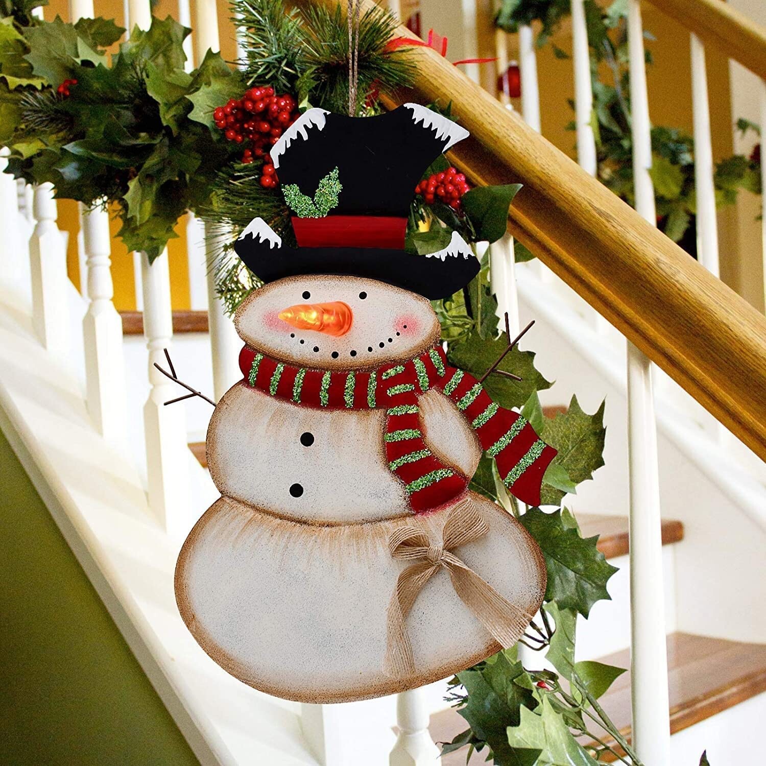 Snowman Sign Hanging Christmas Wall Decoration LED Battery Operated Blinking Nos