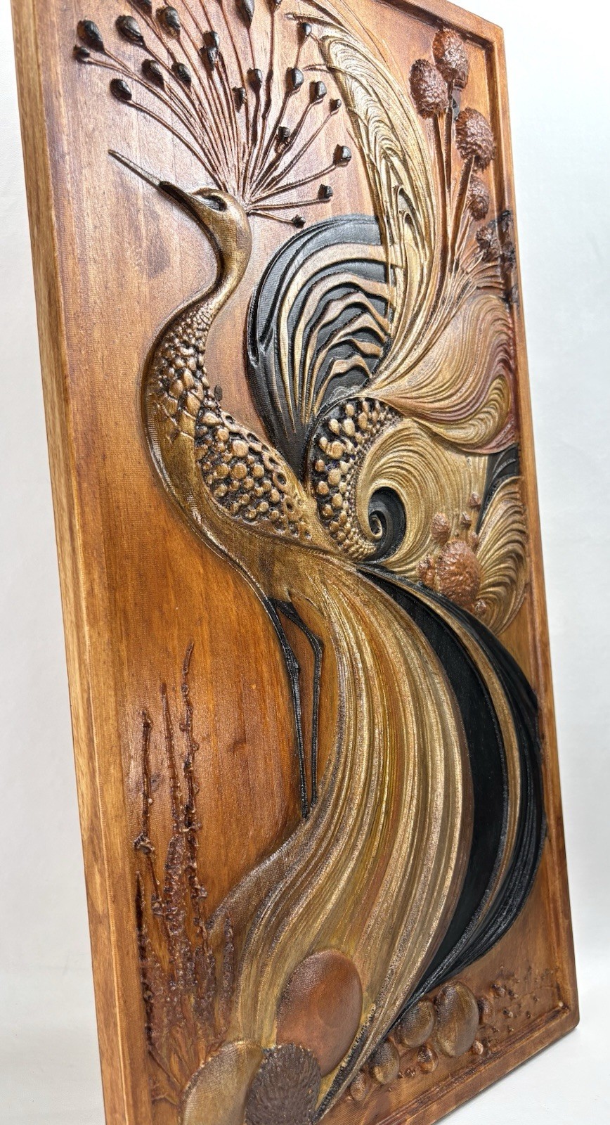 Peacock 3D Wood Carved Carving Wall Hanging Art Vintage Style in Gold and Black