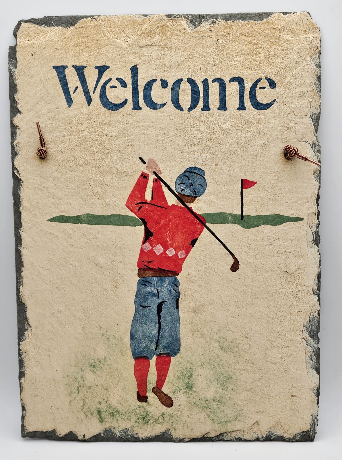Vtg Hand Painted Golf Themed Slate Welcome Sign 14.25″ x 10″ Man Cave Golfer