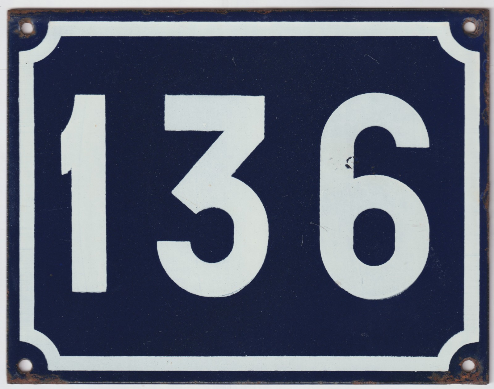 Large old blue French house number 136 door gate plate plaque enamel sign NOS