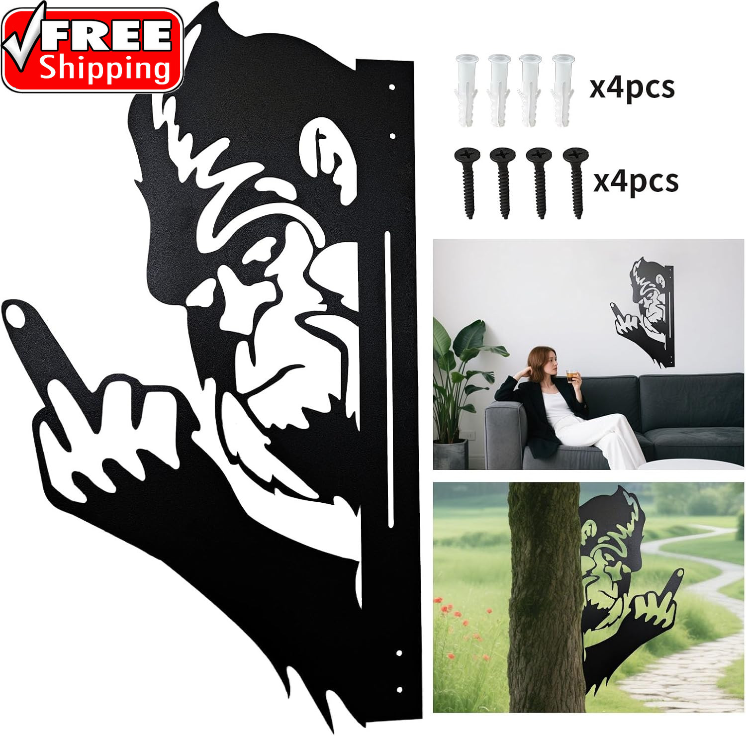 Peaking a Boo Flipping off Bigfoot Animal Metal Sign Art Ornament, Middle Finger