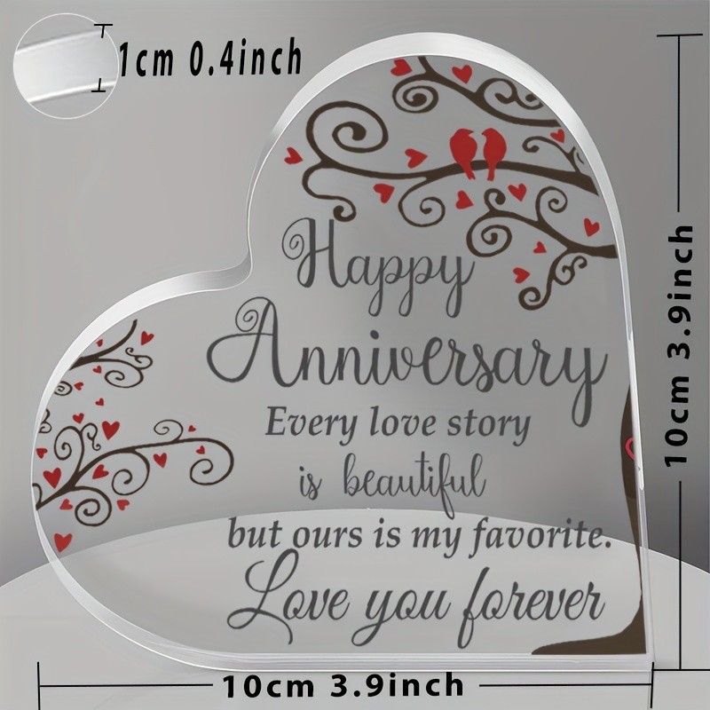 Happy Anniversary Acrylic Heart Plaque with Love Birds Romantic Gift for Couples