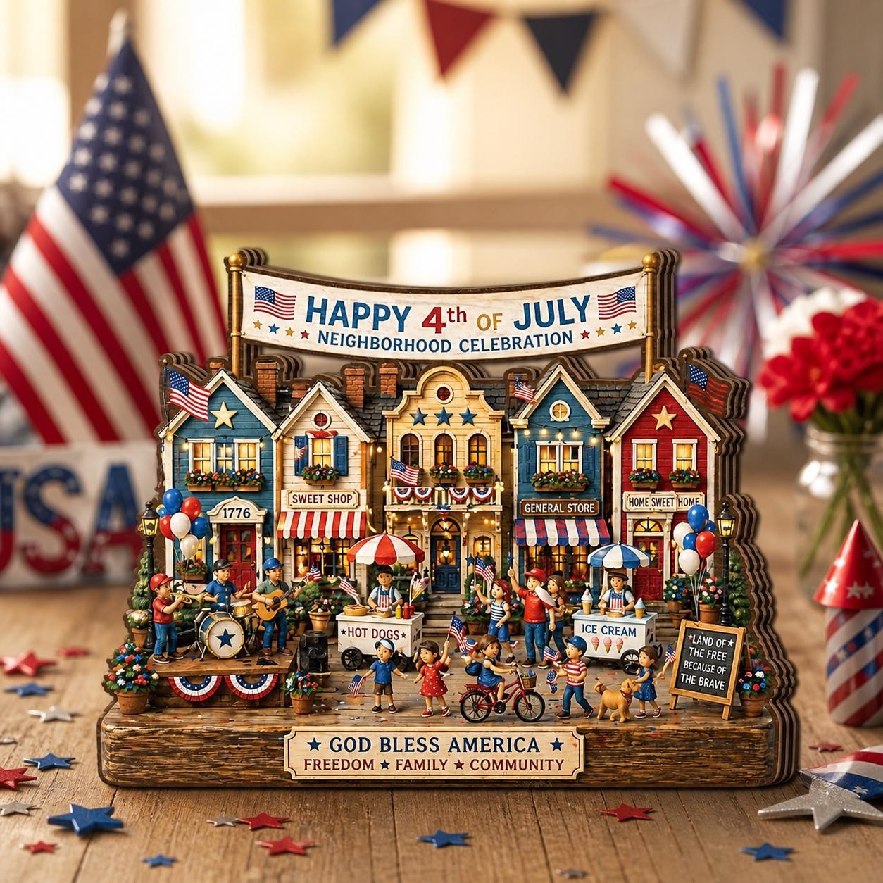 Personalized 4th of July Wooden Block, Patriotic Village Decor