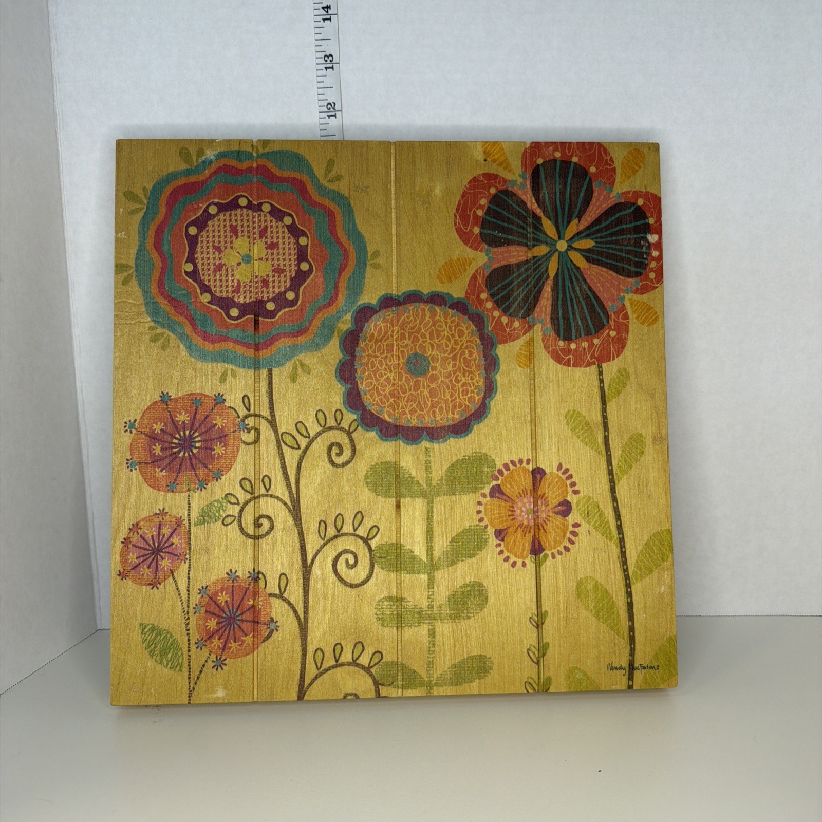 2 Wendy MacFarlane Floral Bohemian Wood Wall Decor Plaque 11.5 Inches Square