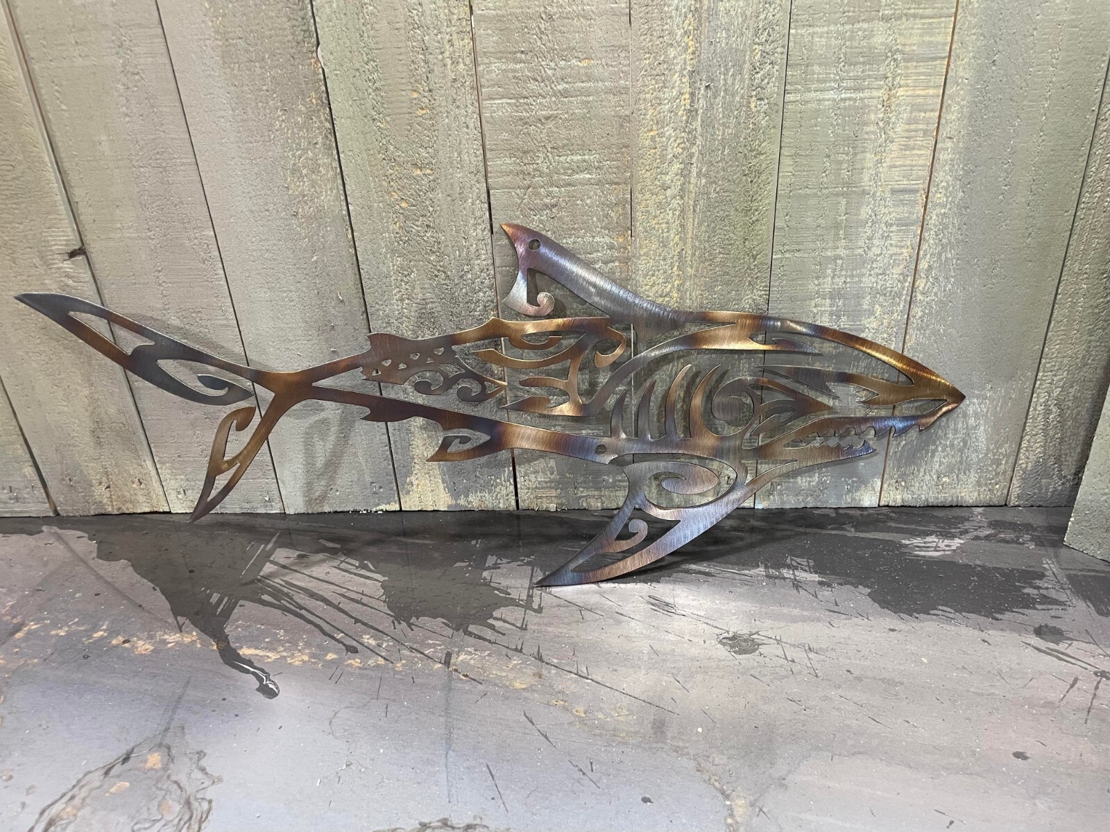Metal 18″ Wide Tribal Shark Plasma Cut Sign Art Ocean Boat Great White Abstract