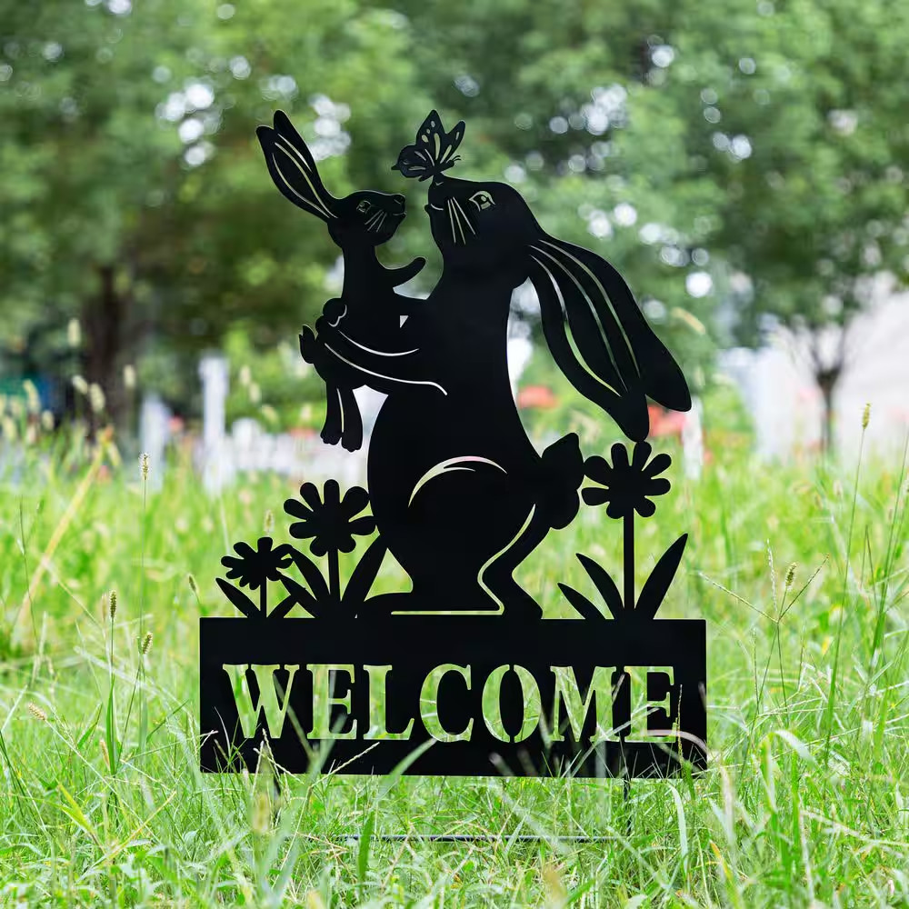 30 In. H Multi-Functional 2-In-1 Metal Rabbit Silhouette with Welcome Sign Garde