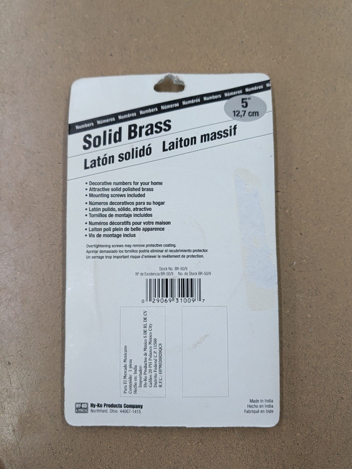 Hy-Ko Products BR-50 Solid Brass House Number 9 (NINE) 5″ High Brass Finish