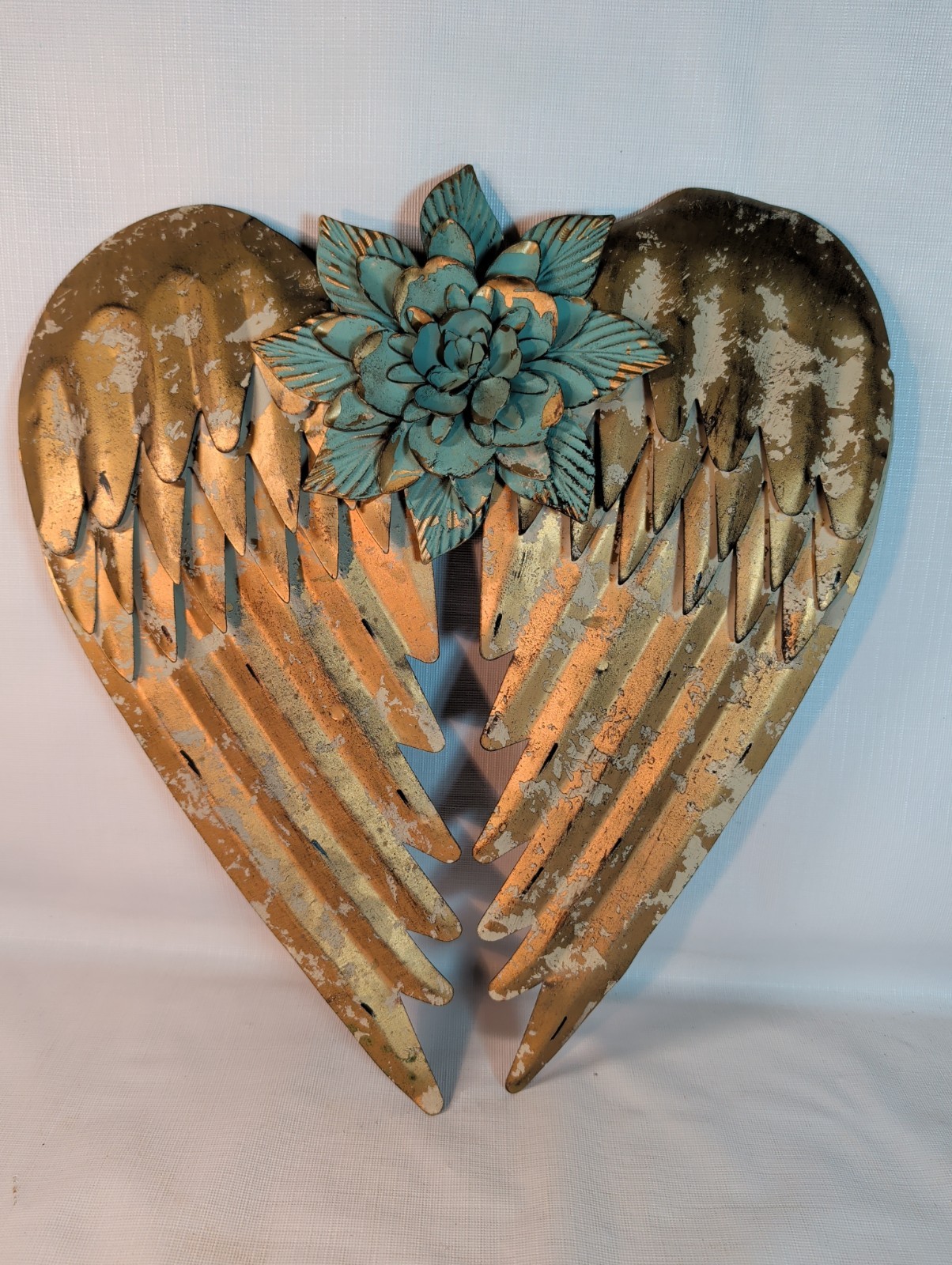 Angel Wings Gold Large Metal Wall Hanging 15”H Gilded Blue Flower Shabby Chic