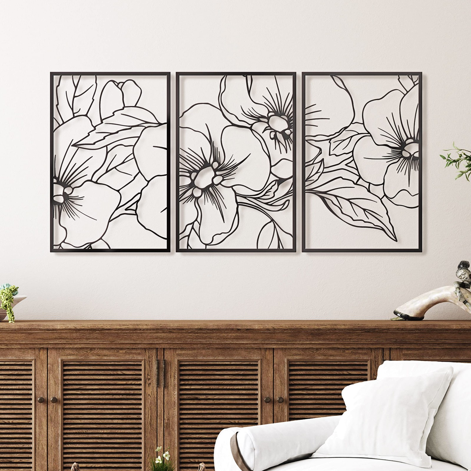 3 PCS Black Minimalist Floral Single Line Metal Wall Art 18×12 Inch Pot