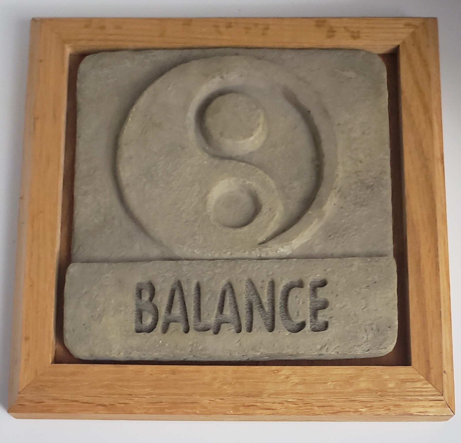 Balance Plaque Faux Cement 7 3/4in X 7 3/4in Wood Frame Yin Yang B12