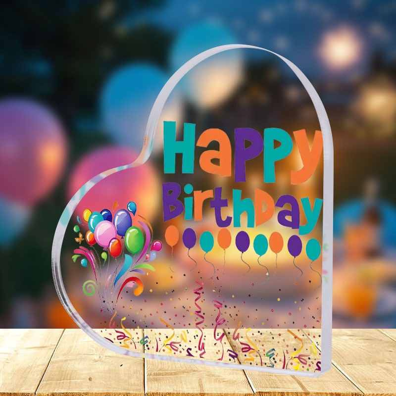 Happy Birthday Acrylic Heart Plaque Confetti Decor Desktop Sign Perfect Gift