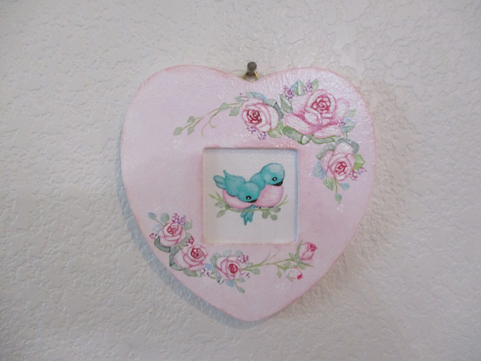 Set of Two – Hand Painted Petite Wood Heart Plaques with Birdies and Roses