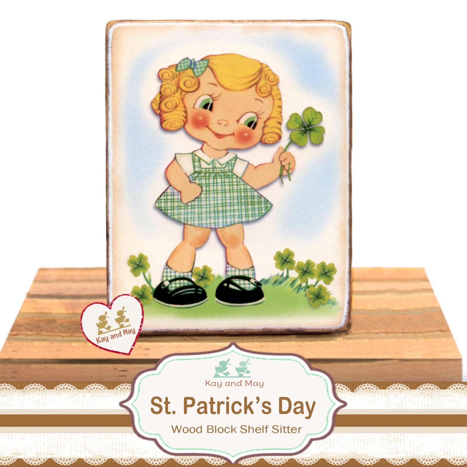 St. Patrick’s Day Girl with 4 leaf Clover Irish themed tiered tray decor WB-127