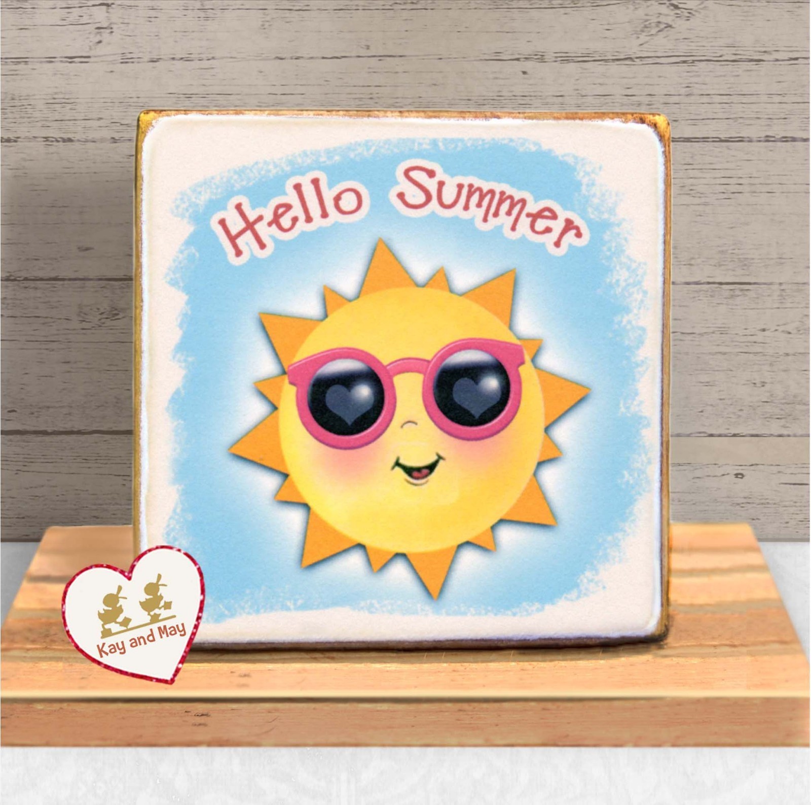 Happy Sun wearing Sunglasses Hello Summer shelf decor retro style art WB-248