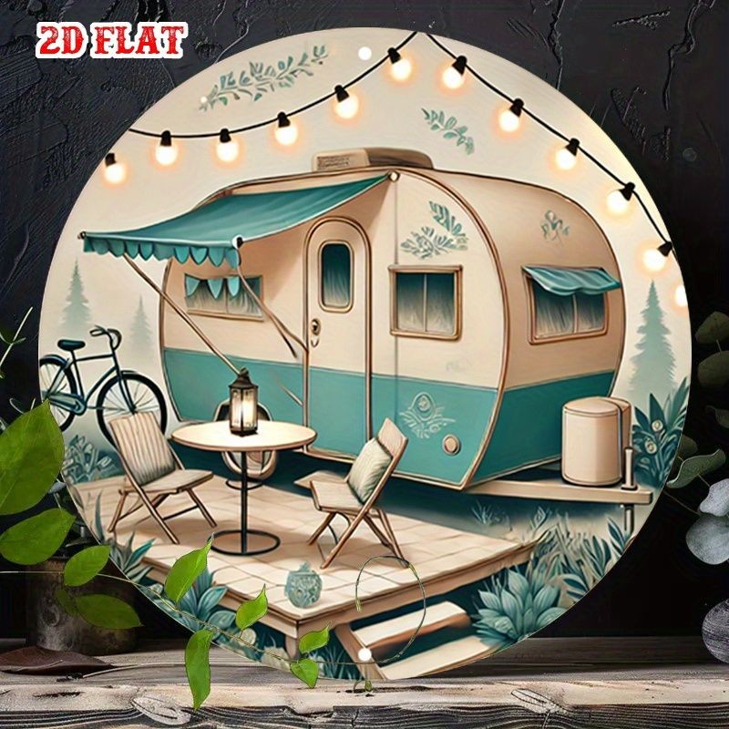 Vintage Camper Trailer Metal Sign Round Retro RV Camping Wall Hanging Decoration