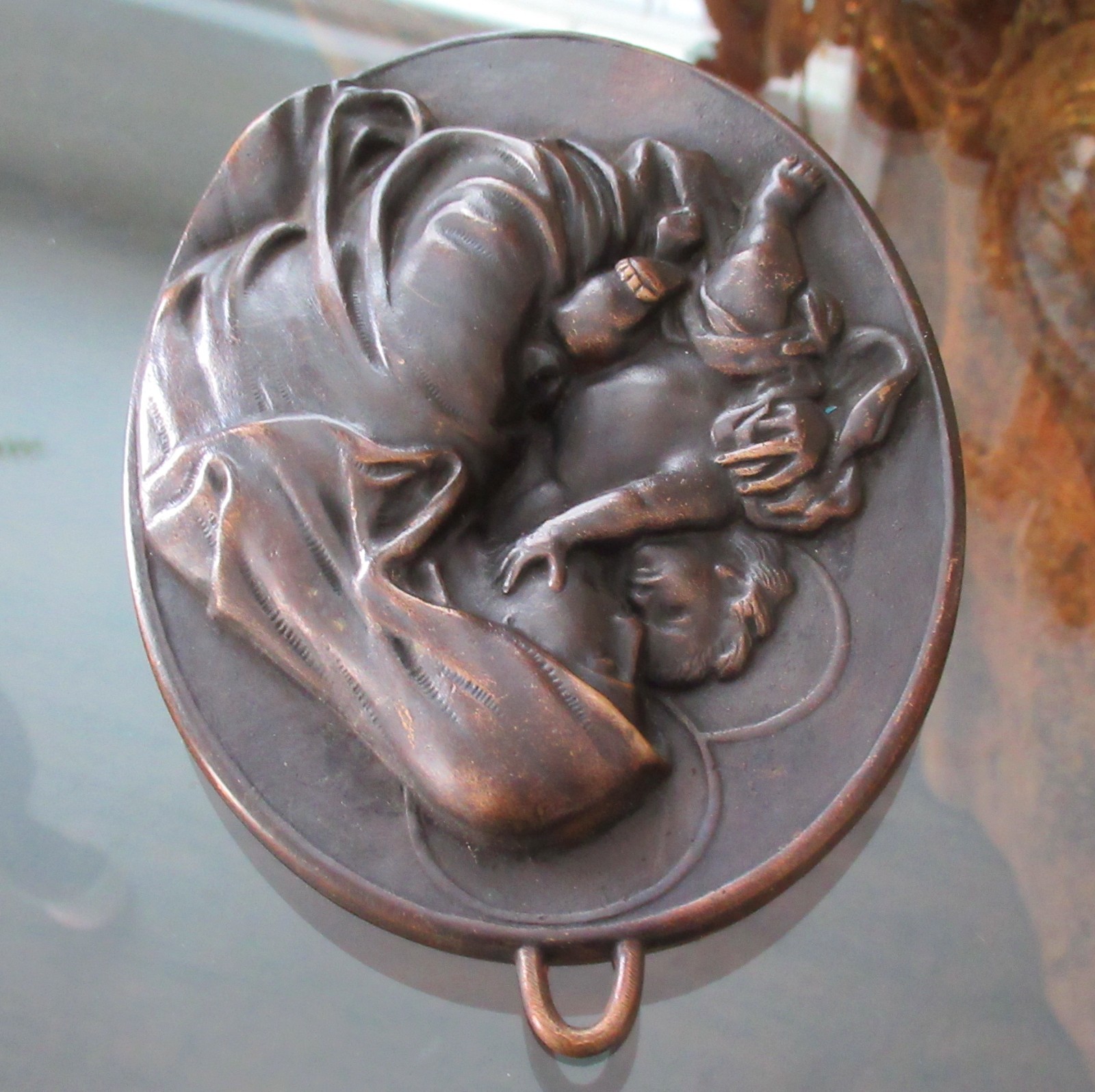 Vintage Bronze BVM Virgin Mary Baby Jesus Madonna Child Wall Art Plaque Brass