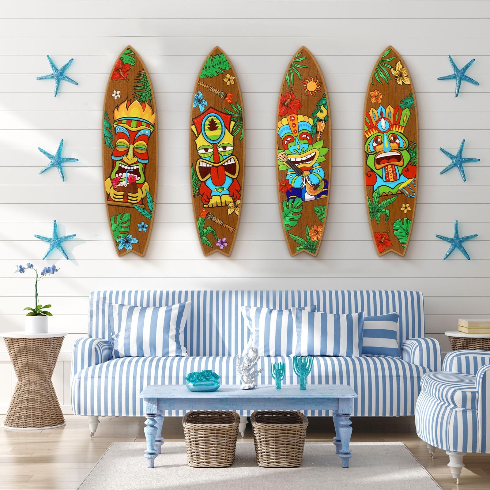 4 Pcs Tiki Surfboard Wall Decor Surfboard Wall Hanging Sign Wooden Beach Deco…
