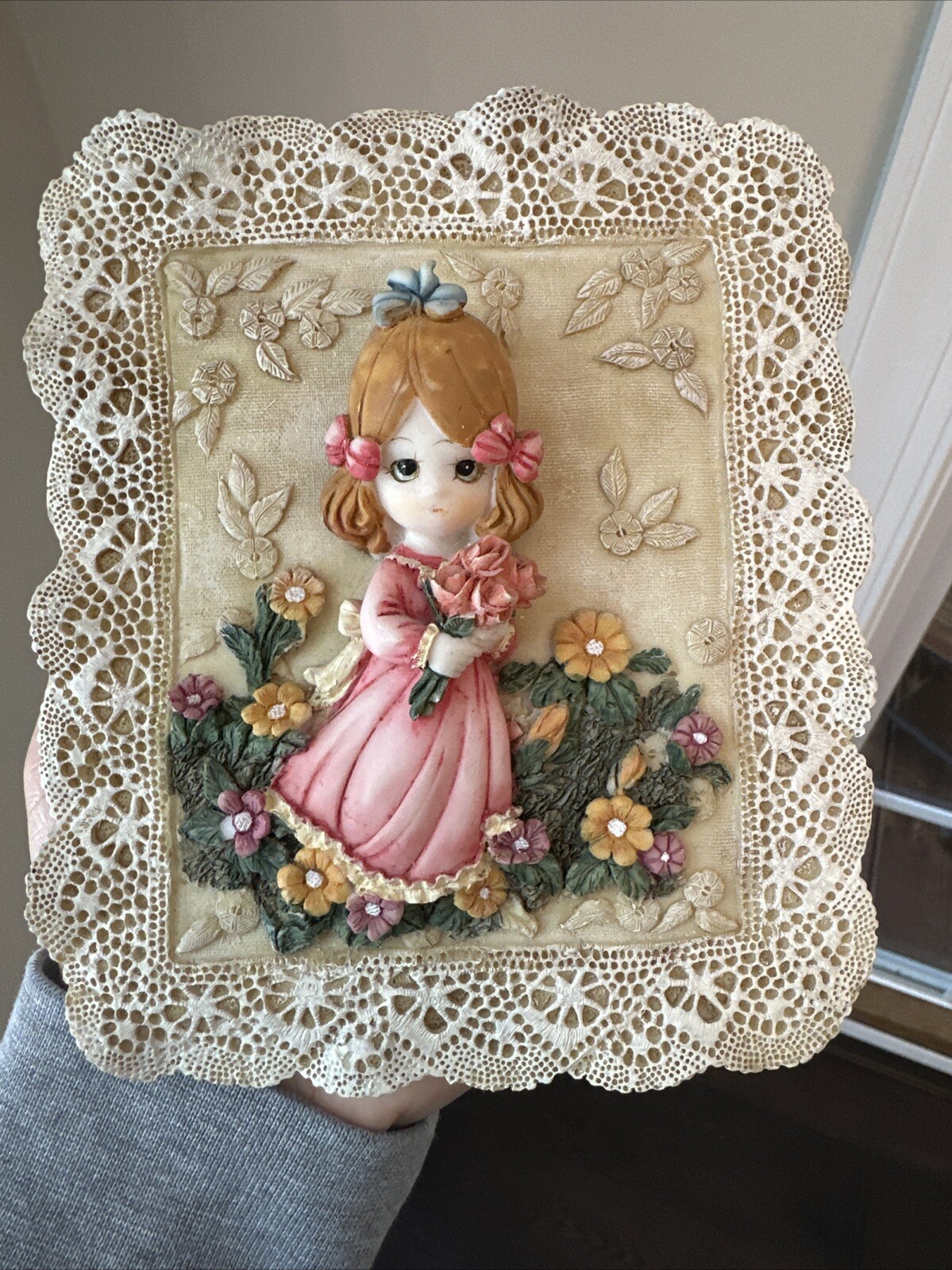 2 Decorative Ceramic/Plaster Little Girls with Flowers Wall Plaques